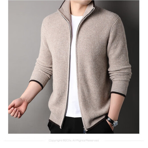 TJQ high-end British brand cardigan wool sweater for men 2025 autumn and winter thickened men's turtleneck sweater jacket light khaki 4XL 195 suitable for 190-220Jin Jin equals 0.5 kg