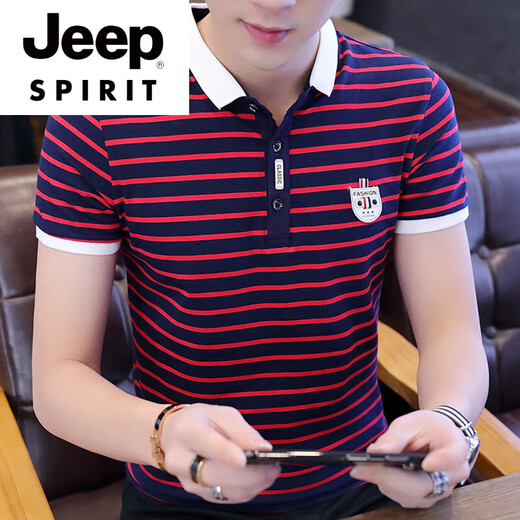JEEP SPIRIT男士短袖t恤新疆纯棉修身时尚体桖T恤夏季潮流条纹Polo衫新款夏装 W7029白色 M 90-105斤