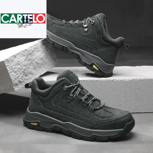 CARTELO crocodile (CARTELO) two-layer cowhide autumn and winter waterproof non-slip outdoor hiking shoes men's genuine leather shoes hiking and mountain climbing casual shoes plus velvet 2287 dark gray 39