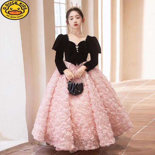 G.duck girls evening dress light luxury niche high-end host autumn and winter birthday princess dress children piano performance pink short plus velvet thickening 100 height 90-95cm age 3-4 years old