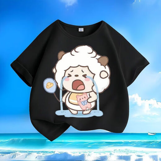 
Crying Lazy Sheep Summer New Printed Men and Women Small and Medium Children Short Sleeve T-shirt Pure Cotton Round Neck Casual Trend-SL White-KX698 Lazy 150 [Suggested height 140-150 cm]