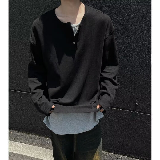 Fake two-piece Henry collar long-sleeved T-shirt men's 2025 autumn new inner layering shirt trendy brand top clothes YXSJ gray 2XL