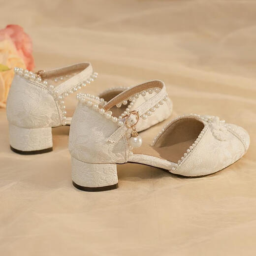 Chaomengcheng Hanfu Shoes Girls Chinese Style Sandals Summer Matching Skirt Horse Noodles Matching High Heels New Antique Children's Leather Shoes Beige Matches Hanfu Huge Good-looking Size 43