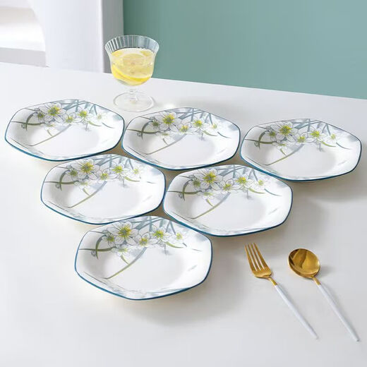 Underglaze color simple Chinese-style narcissus 6-corner plate high-end special-shaped plate household ceramic tableware set Narcissus 6-corner plate 1 piece