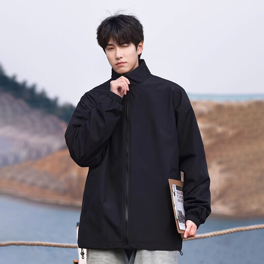 Cotton jacket men's autumn and winter lapel plaid jacket men's trendy Hong Kong style casual workwear top men black L