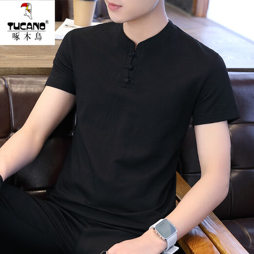
Woodpecker men's Chinese style linen short-sleeved T-shirt Korean version retro young half-sleeved base clothes trendy men's cotton linen T-shirt 1105 white M