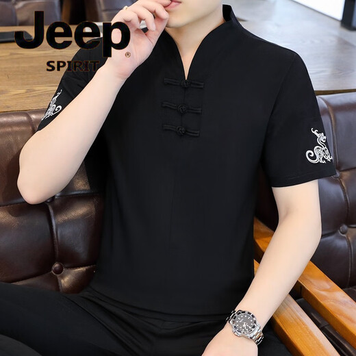 吉普（JEEP）冰丝t恤男士短袖2025新款男装中国风V领半袖夏季薄款中式盘扣体恤 E9871黑色 (冰丝滑料) 5XL