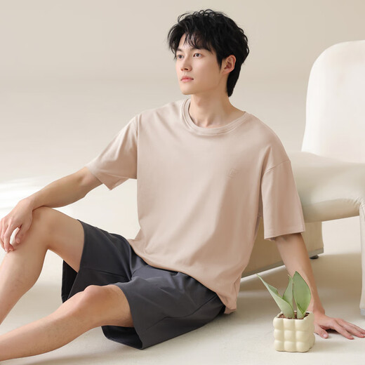 猫人男士睡衣男夏季纯棉100%全棉短袖短裤套装男生宽松大码圆领家居服 浅咖13603 4XL 【推荐180-200斤】