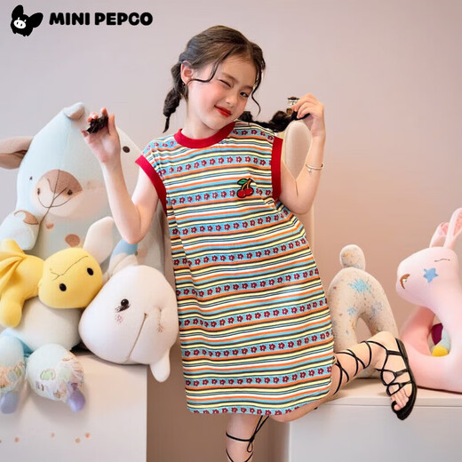 
Little Pig Banner Girls Summer Stripe Retro Vest Skirt New Baby Children's All-Match T-Shirt Dress Loose Flower Strip Skirt 160 Recommended height 150-160cm