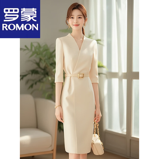 
ROMON (ROMON) 2025 summer new style formal occasion temperament and fashion professional high-end mid-length suit dress for women apricot color XL 120-130Jin [Jin equals 0.5 kg]