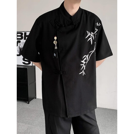 Schwören von Männern Verlobung vom neuen chinesischen Top -Ice -Seidenhemd Herren Sommer Bambus bestickter Anzug Hemd Reinigungsmittel schwarzes Hemd 5xl