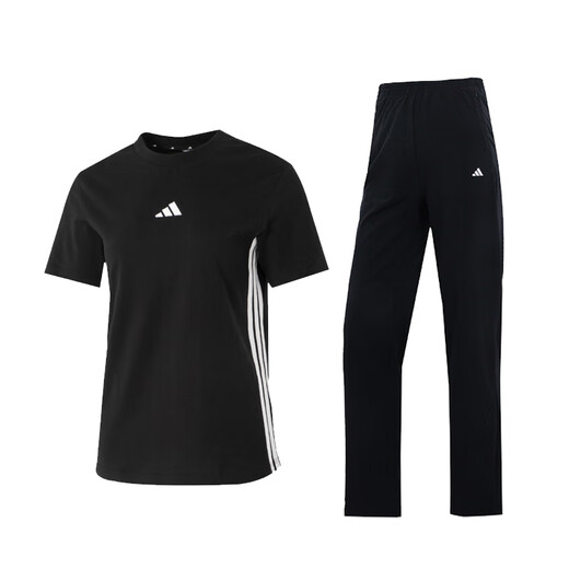 阿迪达斯 （adidas）套装女装25夏季新款时尚圆领短袖T恤透气跑步运动裤直筒裤 两件套 两件套/简约潮流 S