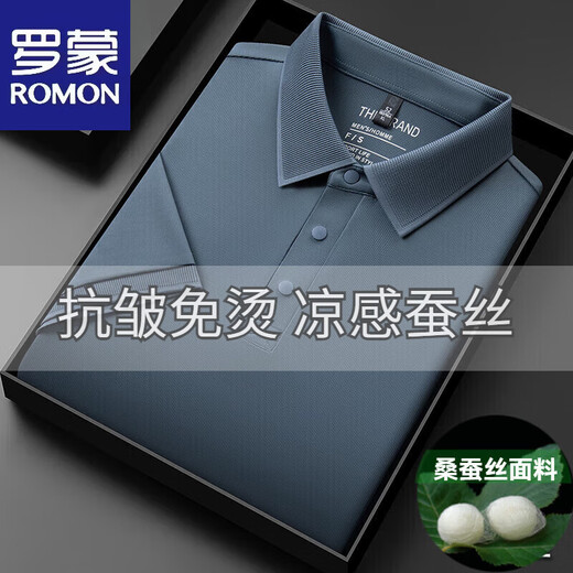 罗蒙（ROMON）夏季桑蚕丝短袖T恤男2025新款中年商务翻领冰.丝垂感商务POLO衫男 15125登山兰 3XL 56【建议170-190斤】