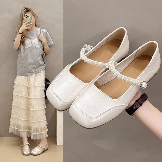 Rxxbfb französische Mary Jane Single -Schuhe für Frauen 2025 Frühlings- und Herbst -neue vielseitige Lederschuhe Retro weiche Sohle mit Rock Frauenschuhen aus Weiß 37 (235 mm)