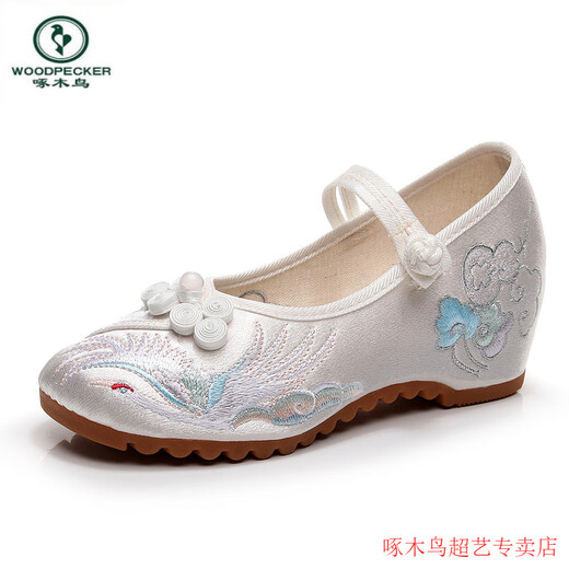 啄木鸟2025老北京新款圆头内增高旗袍女鞋古风绣花鞋禅服茶服鞋舞蹈布鞋 米白色 37