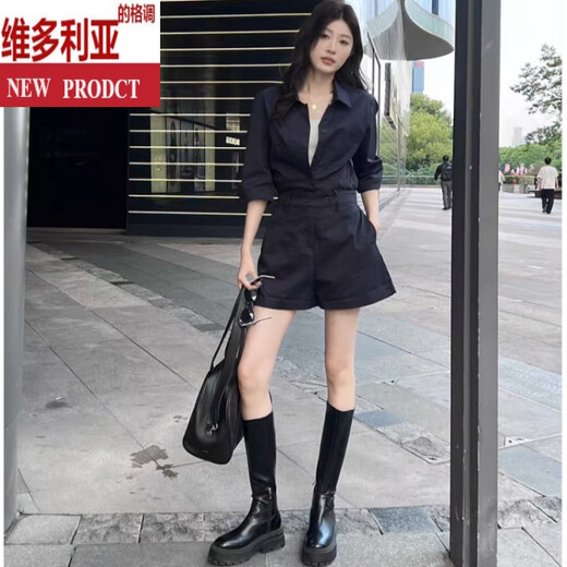维多利亚的格调时尚休闲风POLO领工装衬衫连体裤女通勤显瘦百搭收腰阔腿连衣短裤 深蓝色-连体裤 S (建议85-100斤)