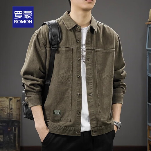 ROMON jacket men's 2025 new autumn and winter top pure cotton workwear loose large size spring casual lapel shirt jacket trend military gray L (suitable weight 120-140Jin Jin equals 0.5 kg)