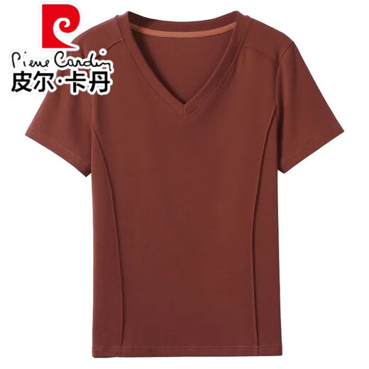 皮尔卡丹（pierre cardin）时尚休闲v领纯棉正肩短袖T恤女夏季韩版新款宽松黑色短袖薄款体恤 酒红色纯棉9855 S 85-95斤