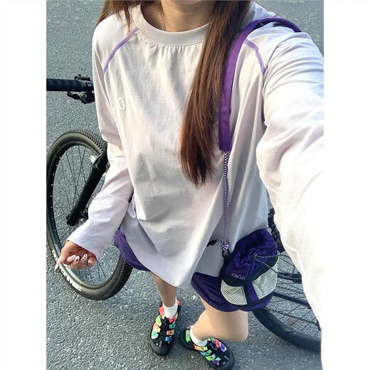 Lifeng Dopamine Outdoor Sports Quick-Drying Clothes Women's Autumn Cityboy Anti-scratch Cycling Clothes Retro Splicing Long Sleeve T-Shirt Milk Blue L