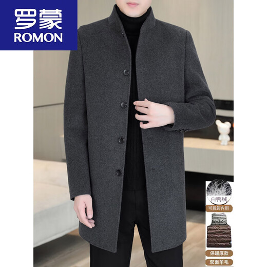 ROMON woolen coat men's mid-length double-sided woolen down lining coat autumn and winter thickened stand-up collar windproof coat M 95-115Jin Jin equals 0.5 kg M HYX-N24628 black stand-up collar wool double-sided woolen coat available