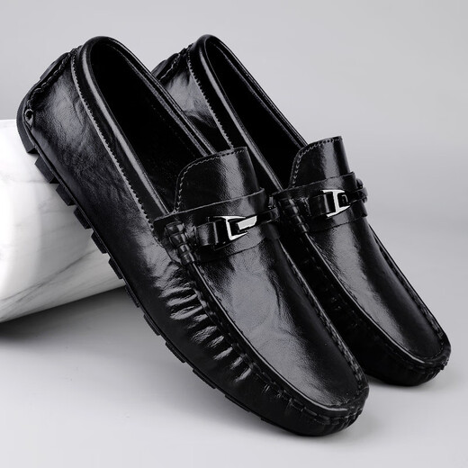 
SATCHI Light Luxury 2025 new genuine leather men's beanie shoes soft sole wear-resistant breathable driving shoes casual leather shoes men's MT9921 black 38
