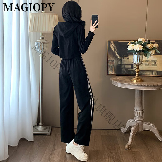 MAGIOPY国际奢侈高档品牌小个子穿搭休闲运动套装女2025春欧洲站短款外套 黑色两件套 S(100斤以内)