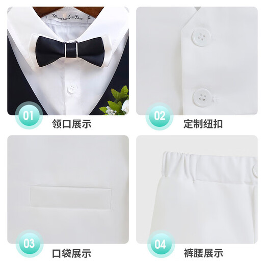Children's Suit Dress Summer British Short-sleeved Vest Set Boys Host Speech Piano Show Show Clothes White 5-piece Set (Black Shirt + Vest + Shorts + 90 cm, Recommended Weight 20-26 Jin [Jin equals 0.5 kg]
