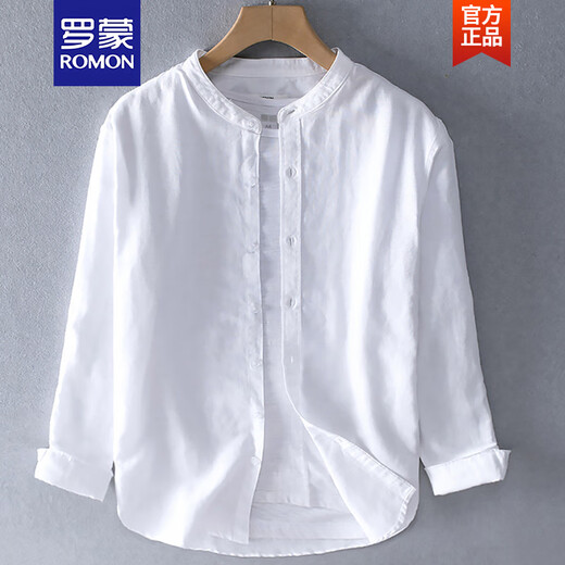 罗蒙（ROMON）春夏季亚麻衬衫外套男长袖宽松休闲棉麻衬衣薄款上衣复古麻布衣服 YY9207白色 M 120斤以内