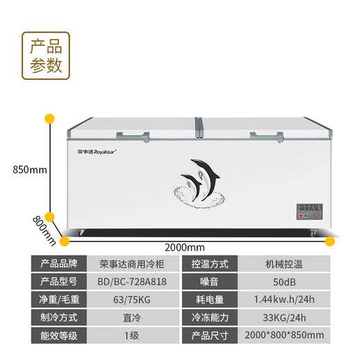 荣事达688商用家用卧式大冷柜大容量 冷藏冷冻转换冰柜商用小型单温冰箱全冷冻柜 一级能效 【2.0米长 818双门冰柜】一级能效