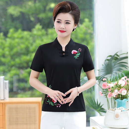 
Beiyao mother embroidered base shirt summer clothing national short-sleeved T-shirt retro half-sleeved middle-aged and elderly women's clothing Tang 9928 models--Burma red L Recommended 85-100Jin [Jin equals 0.5 kg]