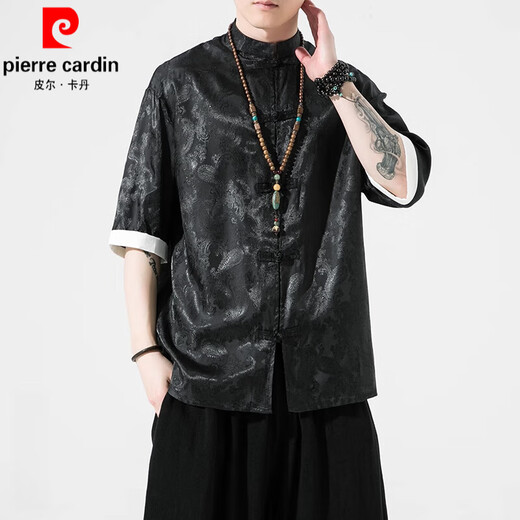 Pierre Cardin Ice Silk Tang Anzug chinesischer Sommer Dünnes Kurzärmel-Hemd Herren Retro Loose Hanfu Largegröße Fünf-Punkte-Hemd A686 Blau M 100-120jin [Jin entspricht 0,5 kg]