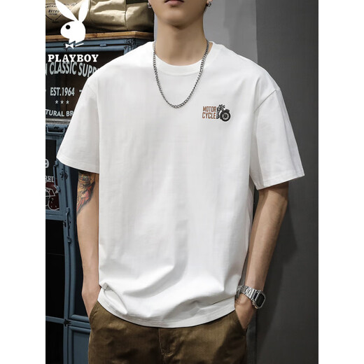 Playboy; PLAYBOY2025 white new short-sleeved T-shirt for men loose fashion brand summer pure cotton half-sleeved American ins heavy men's T-shirt HST1518 white 3XL weight 180-200Jin [Jin equals 0.5 kg]