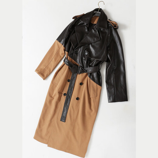 Direction simple 25 Automne et hiver épissé en cuir épreuve de vent pour les femmes Tempérament long Tempérament de la taille de la taille kaki de couleur kaki Tempérament 1396 Cuir à café foncé haute version S