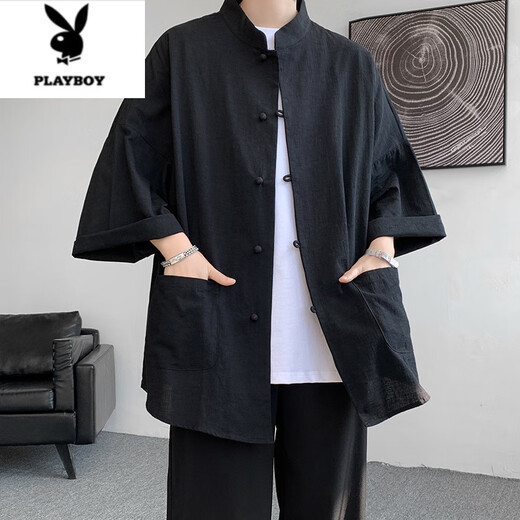 
Playboy (PLAYBOY) Chinese style Tang suit men's sling shirt summer Hanfu new Chinese men's large-size Taoist robe jacket black [seven-quarter sleeves] + navy blue linen pants 8XL (275 to 300 Jin [Jin equals 0.5 kg] can be worn)