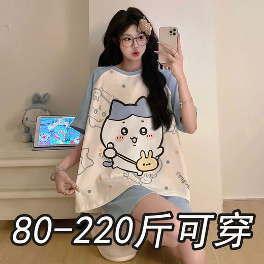 奢依君（SHEYIJUN）吉伊卡哇睡衣 夏天女夏季短袖短裤宽松大码学生卡通薄款家居服套 694卡皮巴拉【夏季】 M 【80-95斤穿】