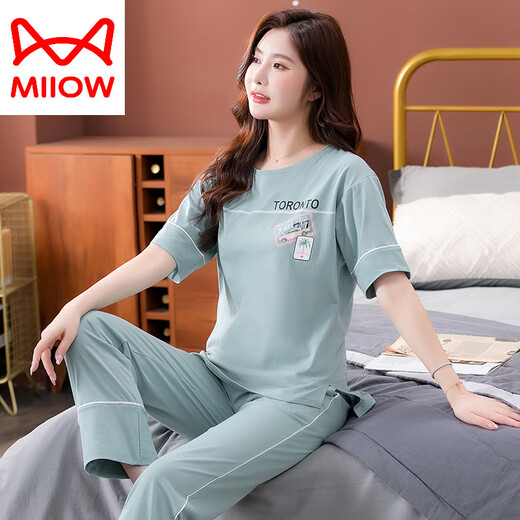 猫人（MiiOW）睡衣女夏季纯棉2025年新款短袖长裤家居服套装可外穿薄款全棉套装 7374豆绿 M 80-100斤