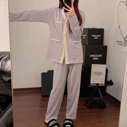 Cool Zhang Xiangao Purple Blume Pyjamas für Mädchen reines Baumwolle mit Brustpolsterfeder und Herbst neue Strickjacke Langarmhosen Home Kleidungsstück 9926# Drei Blumen-lila eins Größe m