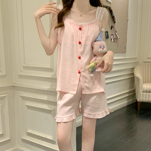 梦鸾吊带背心睡衣女夏季带胸垫2025新款蕾丝花边公主风甜美家居服套装 9226FE 爱心纽扣 粉色 2XL