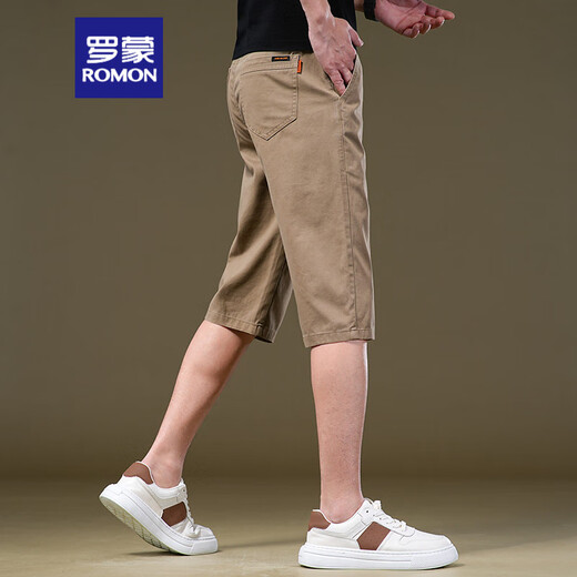 ROMON Summer 7-point casual shorts for men loose straight 2025 Khaki light business breathable pure cotton 7-point pants 738-Khaki color One size 38180-205Jin[Jin equals 0.5 kg]