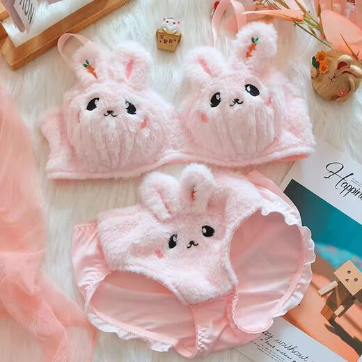 Renduo Small Breast Underwear Lucky Cat Underwear Furry Rabbit Plush Bra Super Cute Underwear Complete Set Carrot Rabbit-White 70A 32 S/70AB Cup