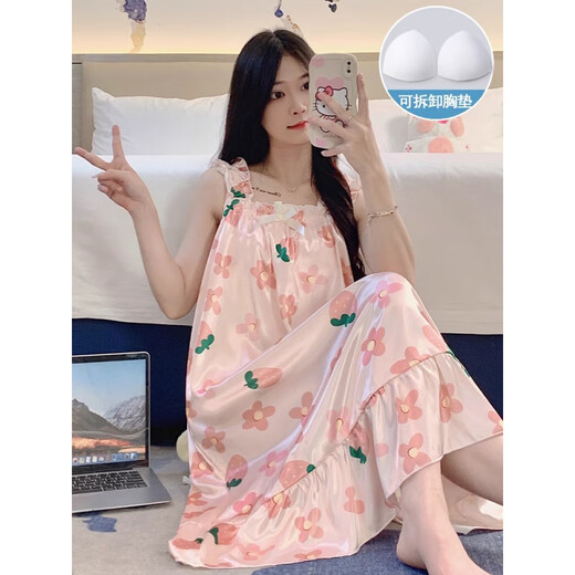 诸禄睡裙女夏季自带胸垫冰丝凉感吊带睡衣夏女士甜美可爱家居服 3888【不可拆胸垫】 M 【75-100斤】
