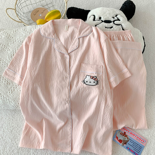 Yalu dreiteiliger Pyjamas für Frauen im Sommer 2025 Neues niedliches Cartoon Kt Katze Frühling und Herbst Dünne Wolke Baumwollkleidung WZN_9905# Drei-teilige schwarze Liebe M.