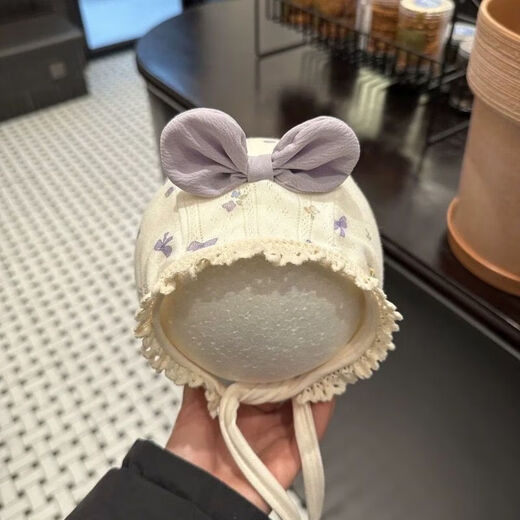 宝宝开春帽子可爱护耳帽可爱系带婴儿套头帽春夏小月龄甜美洋洋 粉色蝴蝶结 2个月-12个月