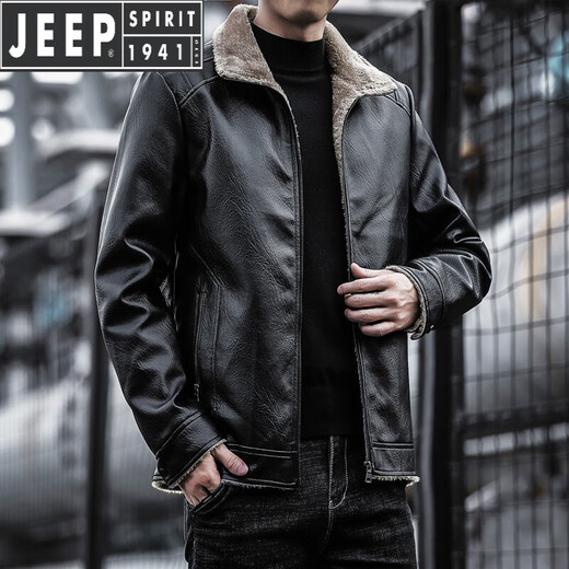 JEEP SPIRIT Jeep Leather Jacket Men's Autumn and Winter Leather Jacket Motorcycle Leather Retro Harley Motorcycle Riding Suit Pilot Black 2XL