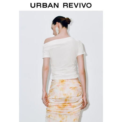 UR2025 Été Nouvelle Fode pour femmes Col à épaules dénudées T-shirt Slim plissé UWG450144 Blanc M