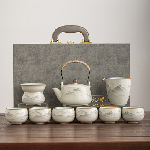 Porcelain Friends Mingshui Mo Guanshan Ru Kiln Tea Set Complete Kung Fu Tea Set Business Holiday Souvenir Gift for Elders Housewarming Gift