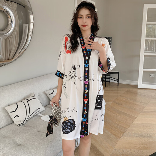 
Uniqkuku [same style in the mall] pajamas women's summer playful and cute V-neck cardigan loose large version nightgown 2694-black one size