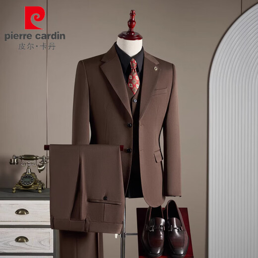 Pierre Cardin high-end men's wool suit suit engagement dress groom wedding business black suit professional formal three-piece suit double-breasted black (suit + vest + trousers) 3XL 56