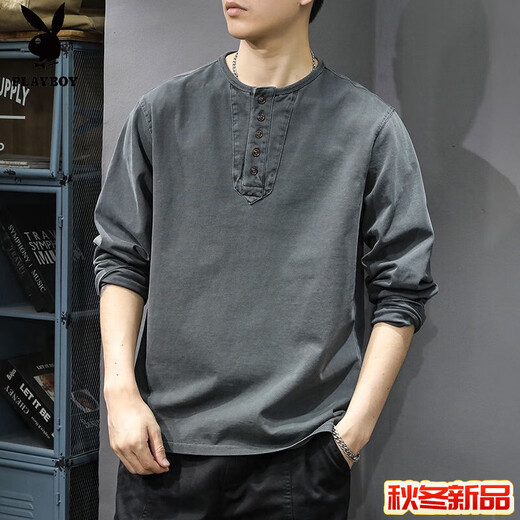 Playboy (PLAYBOY) 2025 new casual men's fashion long-sleeved T-shirt loose and thin spring and autumn trendy brand Henry collar bottoming shirt sweatshirt Gray M _ Recommended 86-100Jin Jin equals 0.5 kg