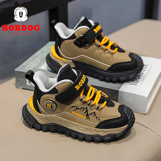 Babu Dou children's cotton shoes winter velvet warm boys' sports shoes leather waterproof primary school students outdoor hiking shoes black brown single shoes 36 (inner length 23.0cm)